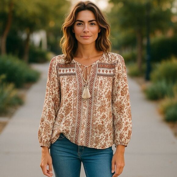Lucky Brand Women's Floral Embroidered Boho Blouse V-Neck Size M - Picture 1 of 9
